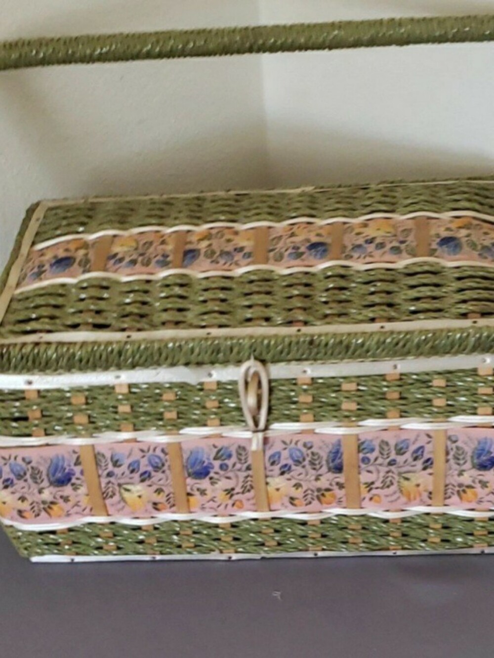 Handwoven Green Decorative Wicker Sewing Basket Vintage 1950 with Floral Trim